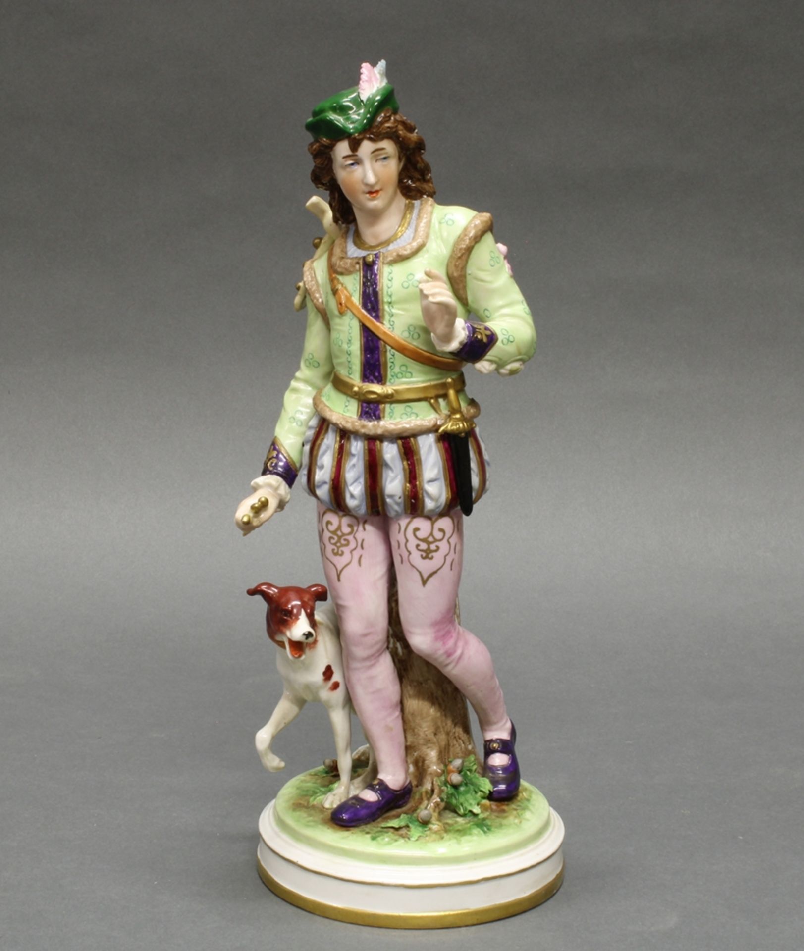 Porzellanfigur, "Edelmann mit Armbrust und Jagdhund", Scheibe-Alsbach, 1972-1990, polychrom und gol