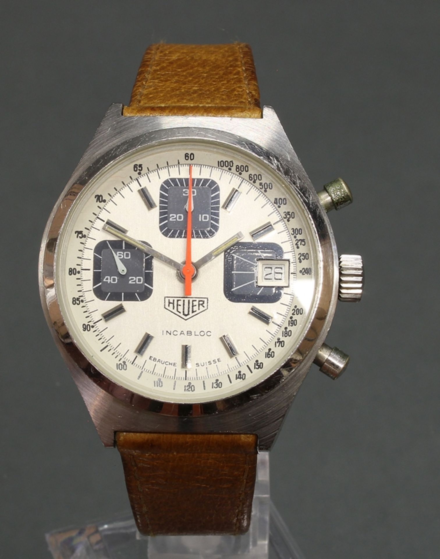 Herrenarmbanduhr, Heuer, CAL 7765, 1970er Jahre, Handaufzug-Chronograph, Stahl, Gehäuse ø 38 mm, Ge