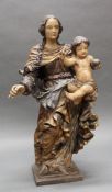 Skulptur, Holz geschnitzt, "Muttergottes mit Kind", 18. Jh., Reste alter Fassung, auf späterem Sock