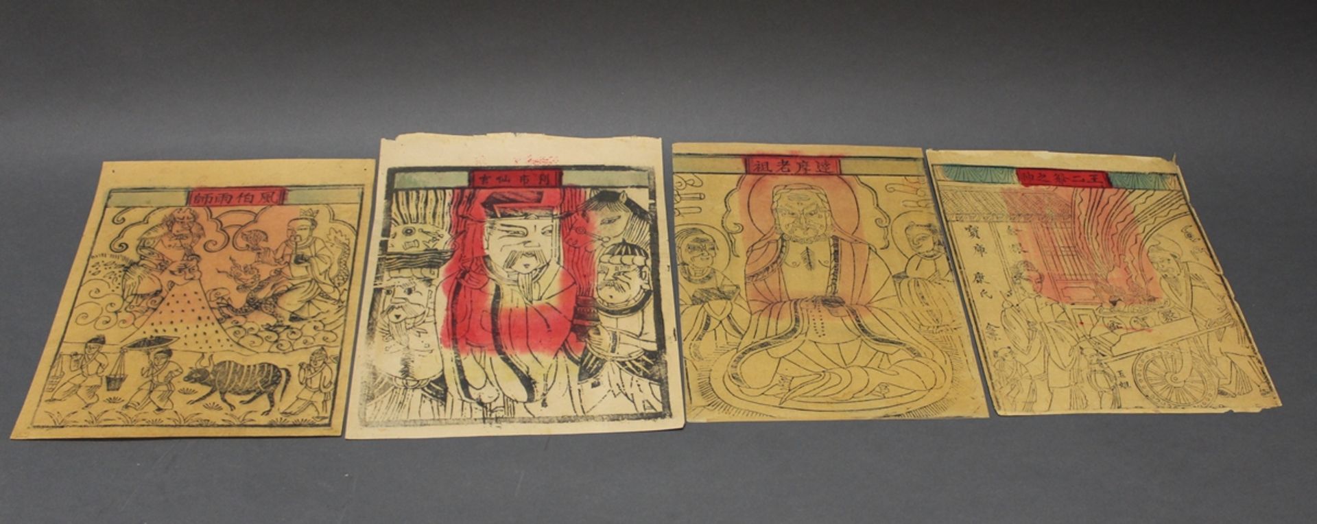 5 Holzschnitte, "Daoistische Gottheiten", China, 20. Jh., handkoloriert, diverse Formate