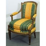 Fauteuil, Louis XVI, wohl 18. Jh., reich beschnitzt und golden gefasst, kannelierte Füße, erneuerte