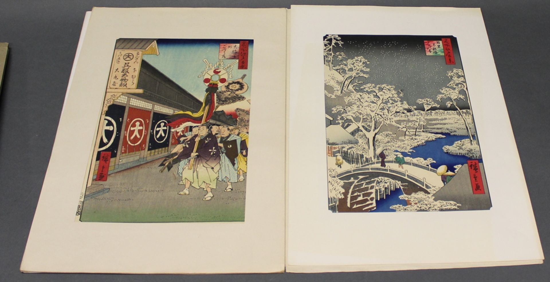 Konvolut, 3 Farbholzschnitte (Nachschnitte), Japan, 20. Jh., diverse Motive, Utagawa, Hiroshige