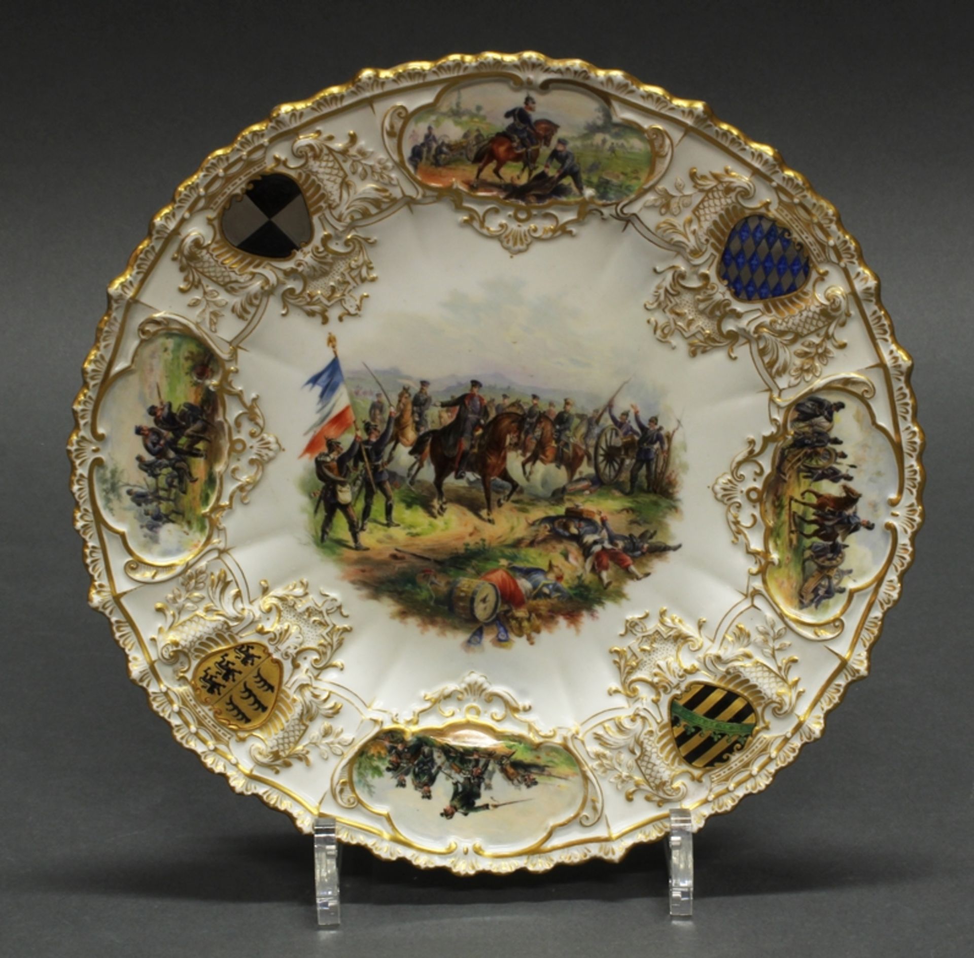 Schlachtenteller, "Deutsch-Französischer Krieg", Meissen, Schwertermarke, um 1880, 1. Wahl, farbige