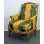 Fauteuil, Louis XVI, wohl 18. Jh., reich beschnitzt und golden gefasst, kannelierte Füße, erneuerte