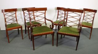 4 Stühle und 2 Armlehnstühle, um 1900, Mahagoni, Sitzpolster mit grünem Bezug, H. 91/98 cm, alte Er