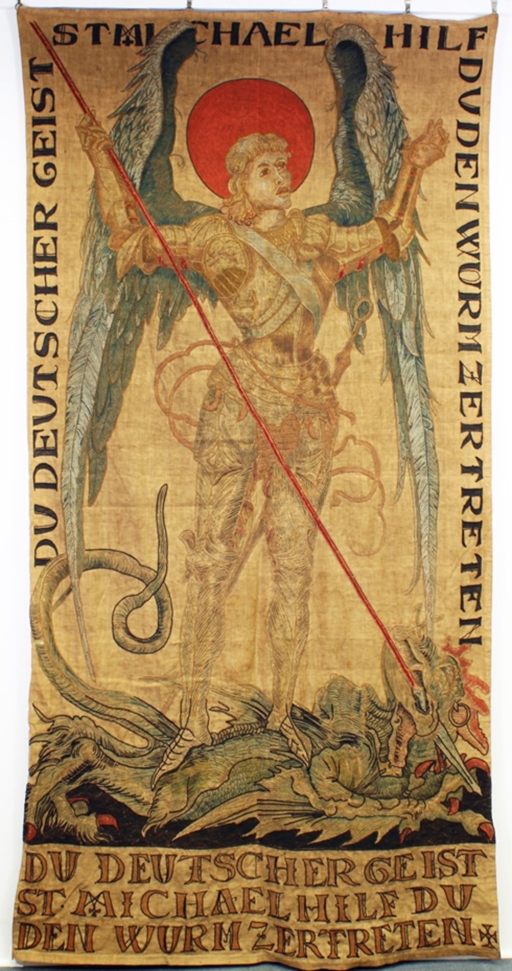 Wandbehand, Deutschland, um 1900, "St. Michael als Drachentöter", Wolle und Leinen, umlaufend bezei