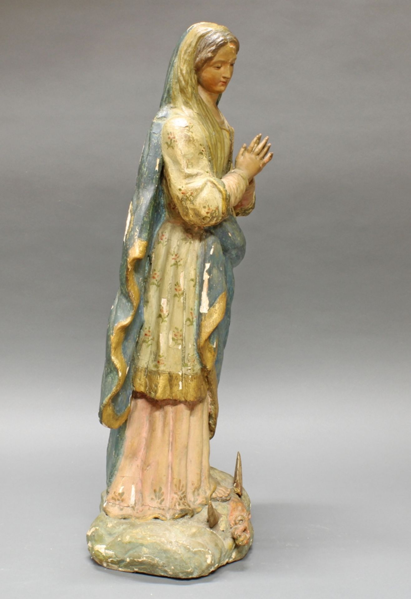 Skulptur, Holz geschnitzt, "Maria Immaculata", Italien, 18. Jh., 79 cm hoch, alte Fassung teils übe - Bild 4 aus 5