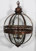 Deckenlampe, Kugelform, Bronze, dreiflammig, 12 gebogte Scheiben-Elemente, ø 54 cm, 85 cm hoch, Ele