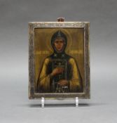 Ikone, Tempera auf Holz, "Heilige Euphrosyna von Alexandrien", Russland, Ende 19. Jh., Silberbasma,