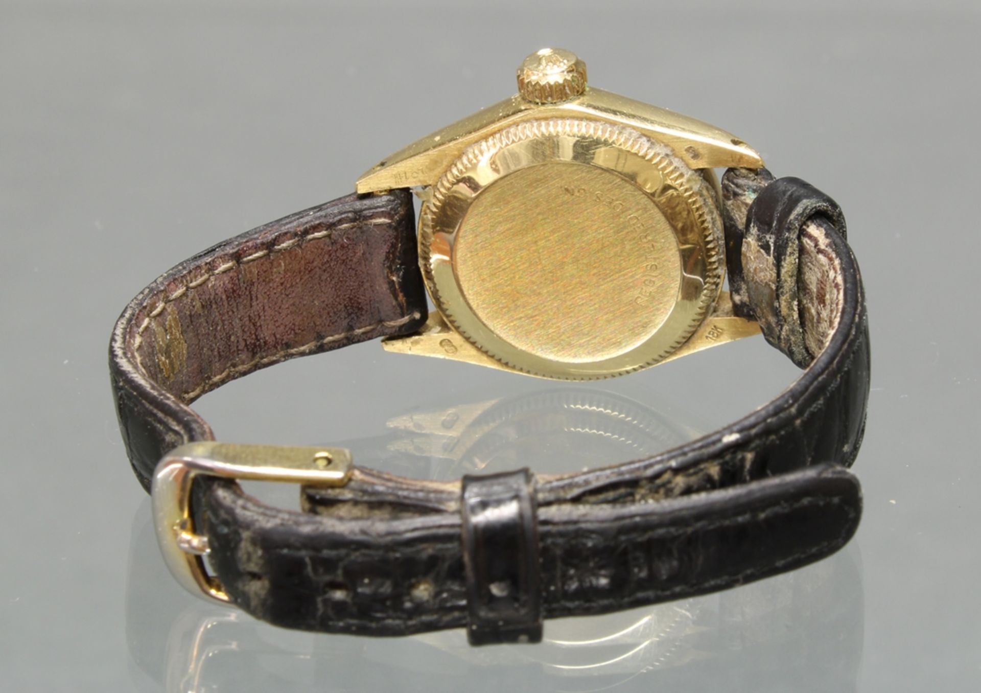 Damenarmbanduhr, Rolex, Modell Oyster Perpetual, GG 750, Automatik, goldfarbenes Zifferblatt, Stric - Bild 4 aus 4