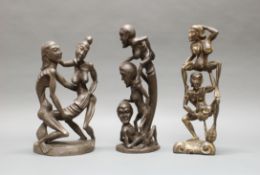 3 Skulpturen, "Erotische Figuren", Bali, 20. Jh., Holz, geschnitzt, 43-48 cm hoch