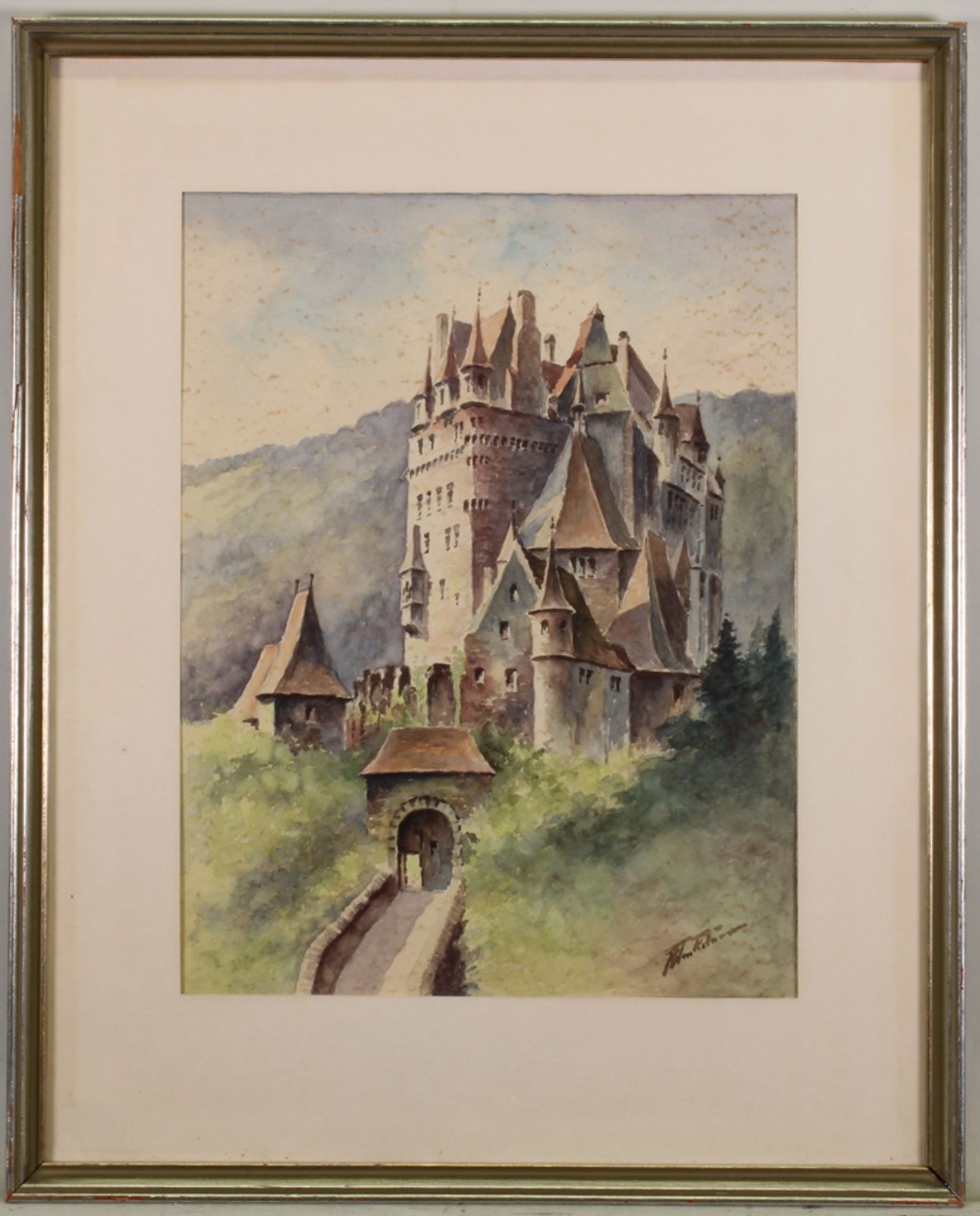 Konvolut, 3 Aquarelle, "Stadt- bzw. Burgansicht", 1x "Burg Eltz", jeweils signiert und unter Glas g - Bild 4 aus 9