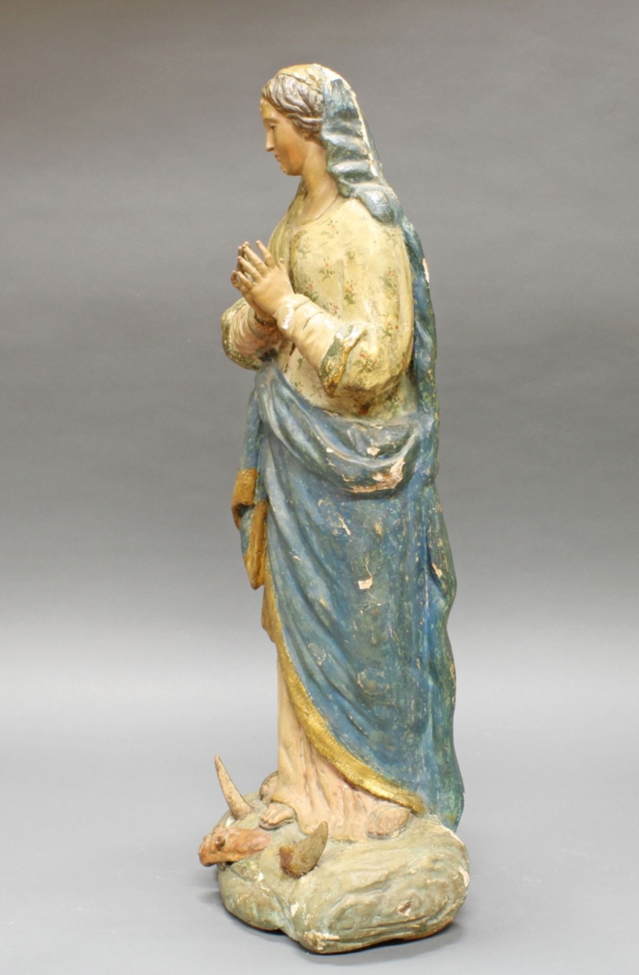 Skulptur, Holz geschnitzt, "Maria Immaculata", Italien, 18. Jh., 79 cm hoch, alte Fassung teils übe - Bild 2 aus 5