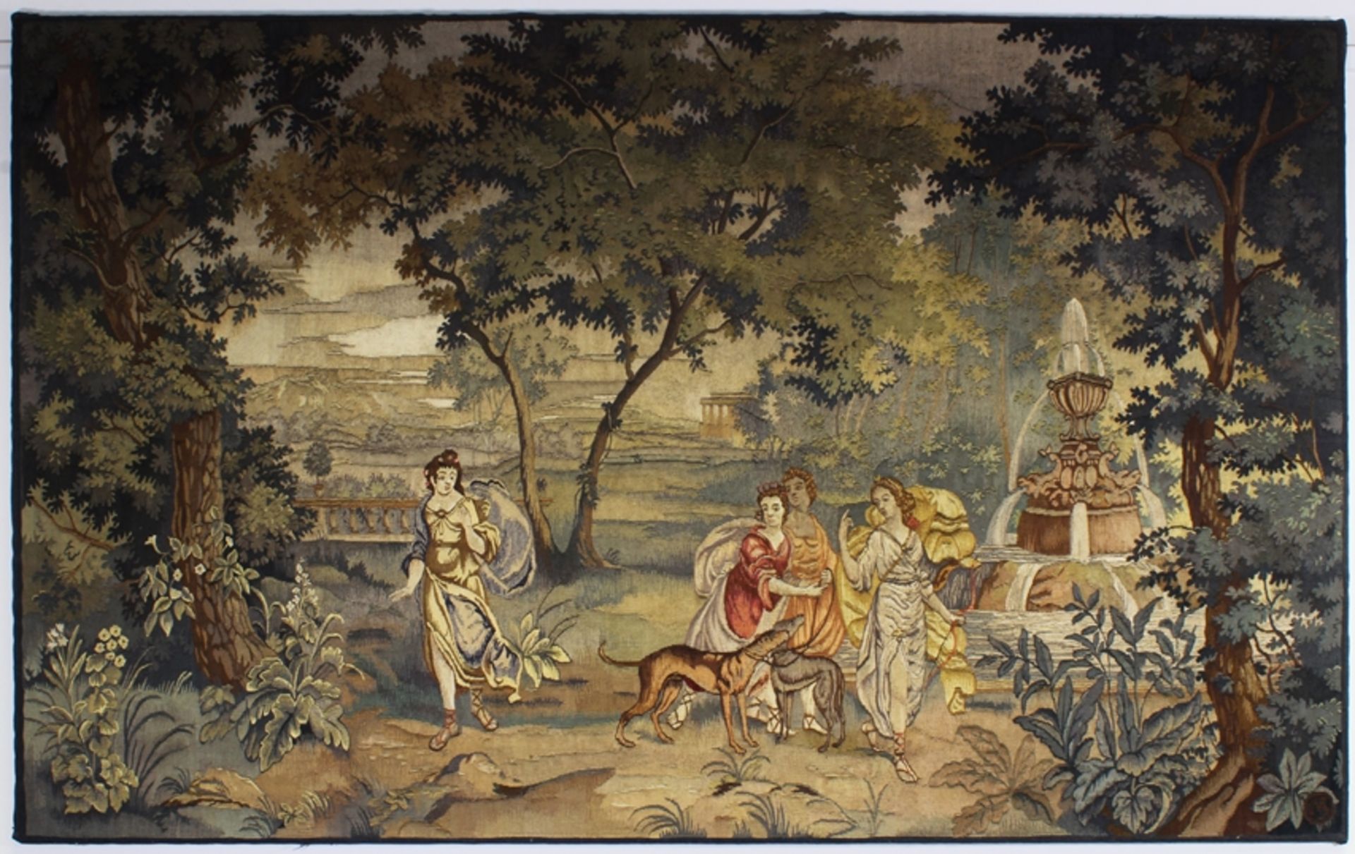 Tapisserie, "Diana und Gefährtinnen", Belgien, 19./20. Jh., im Kreis monogrammiert "MG" unten recht