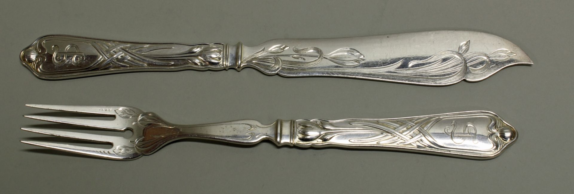 6 Fischgabeln, 6 Fischmesser, "Herbstzeitlose", Silber 800, Wilkens, ligiertes Monogramm, Jugendsti - Bild 2 aus 2