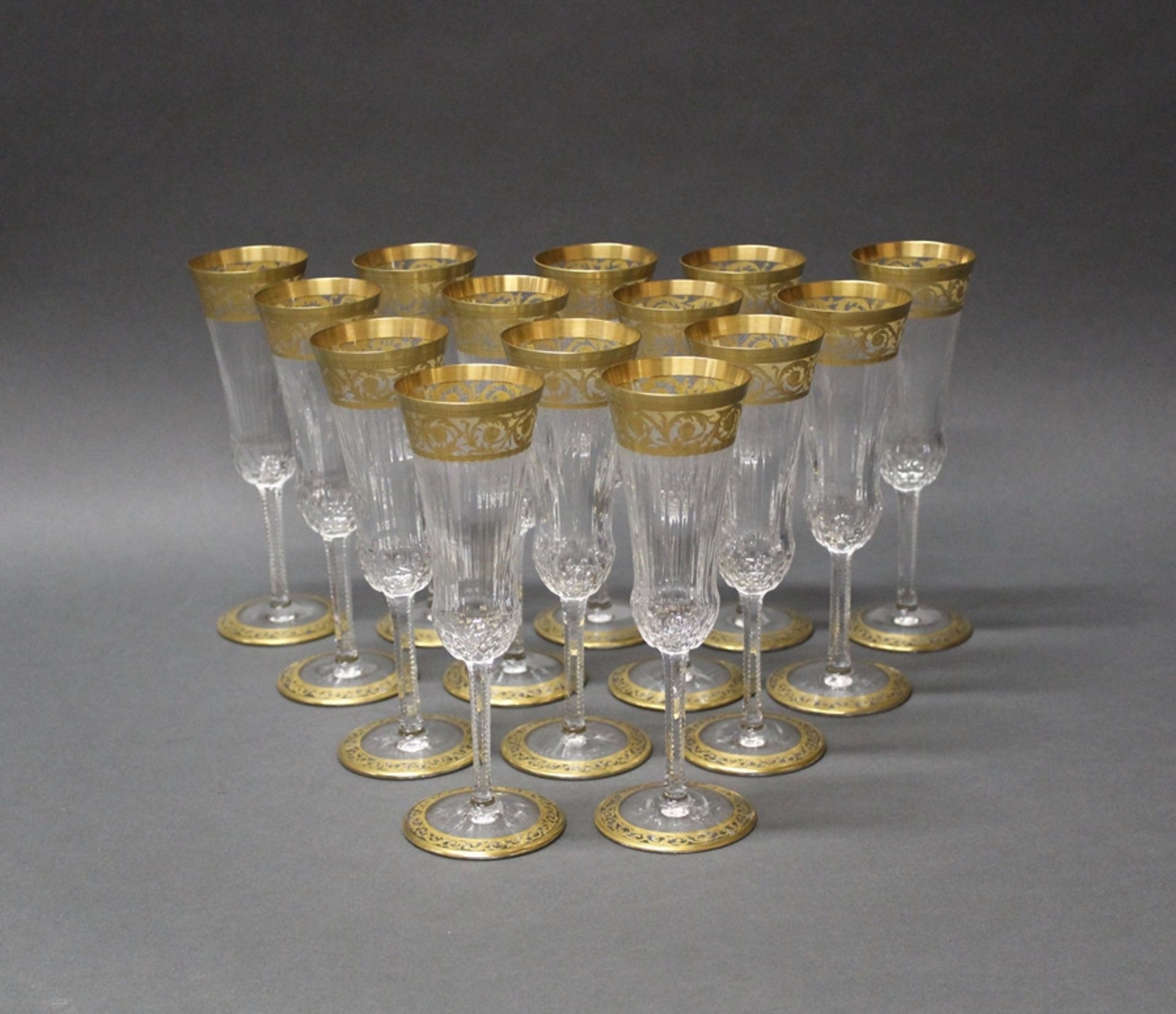 14 Champagnerflöten, "Thistle", Cristallerie Saint Louis, 2. Hälfte 20. Jh., Dekor Thistle Gold, fa