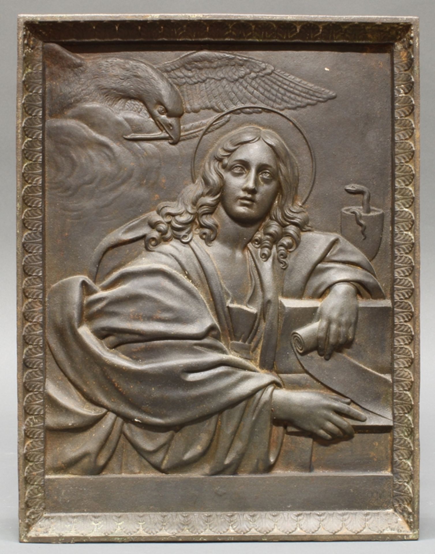 Reliefplatte, "Hl. Johannes Evangelist", womöglich Gleiwitz, Eisenguss, nach L. Posch/Domenichino, 