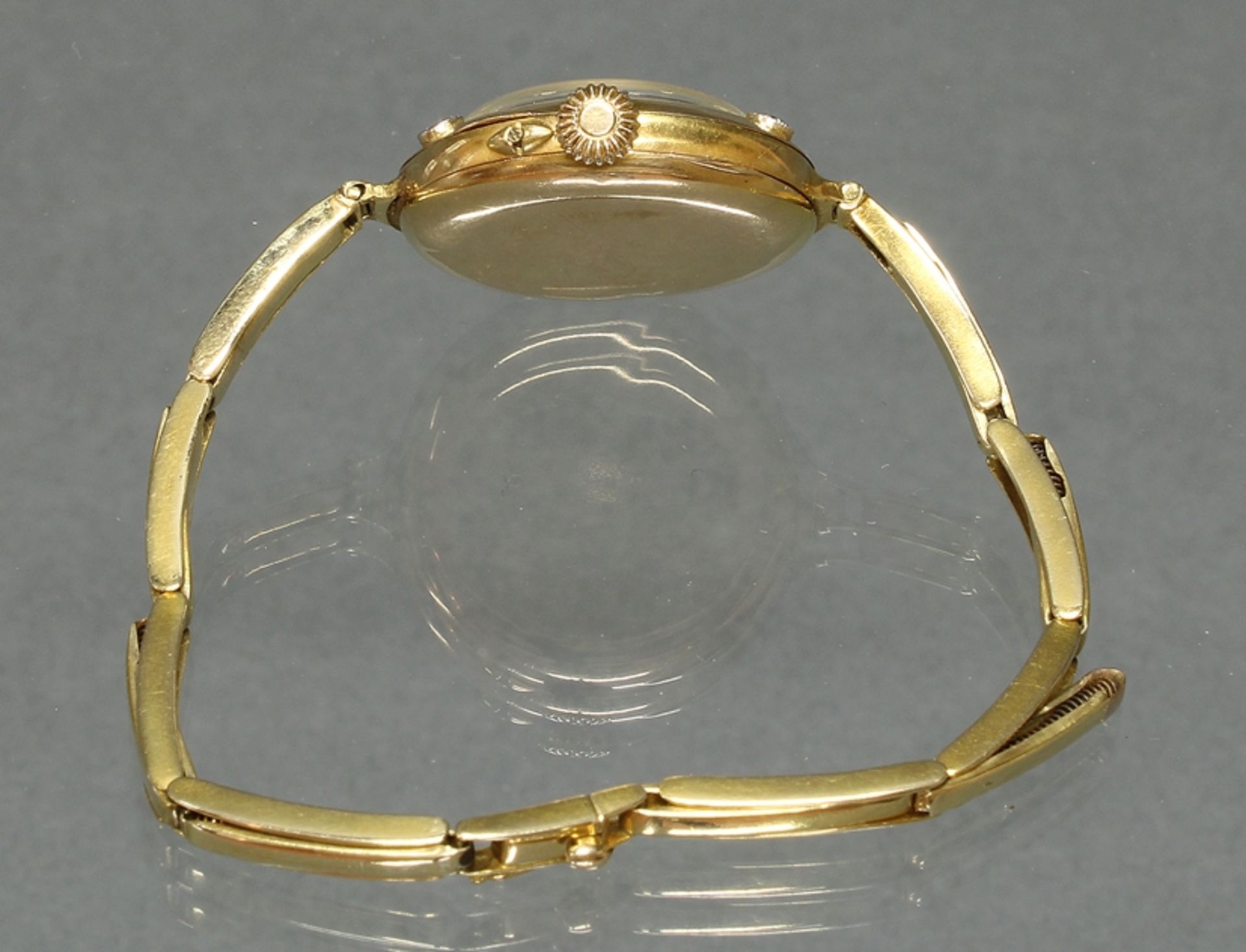 Damenarmbanduhr, um 1900, WG/GG 585, Gehäuse-Nr. 636592, Taschenuhrwerk, Lünette mit 6 Diamanten be - Bild 4 aus 4