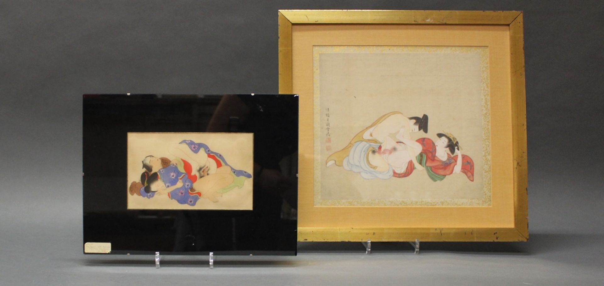 2 Malereien, "Shunga", Japan, 20. Jh., Tusche und Farbe auf Seide, je ein Liebespaar, 1x bezeichnet