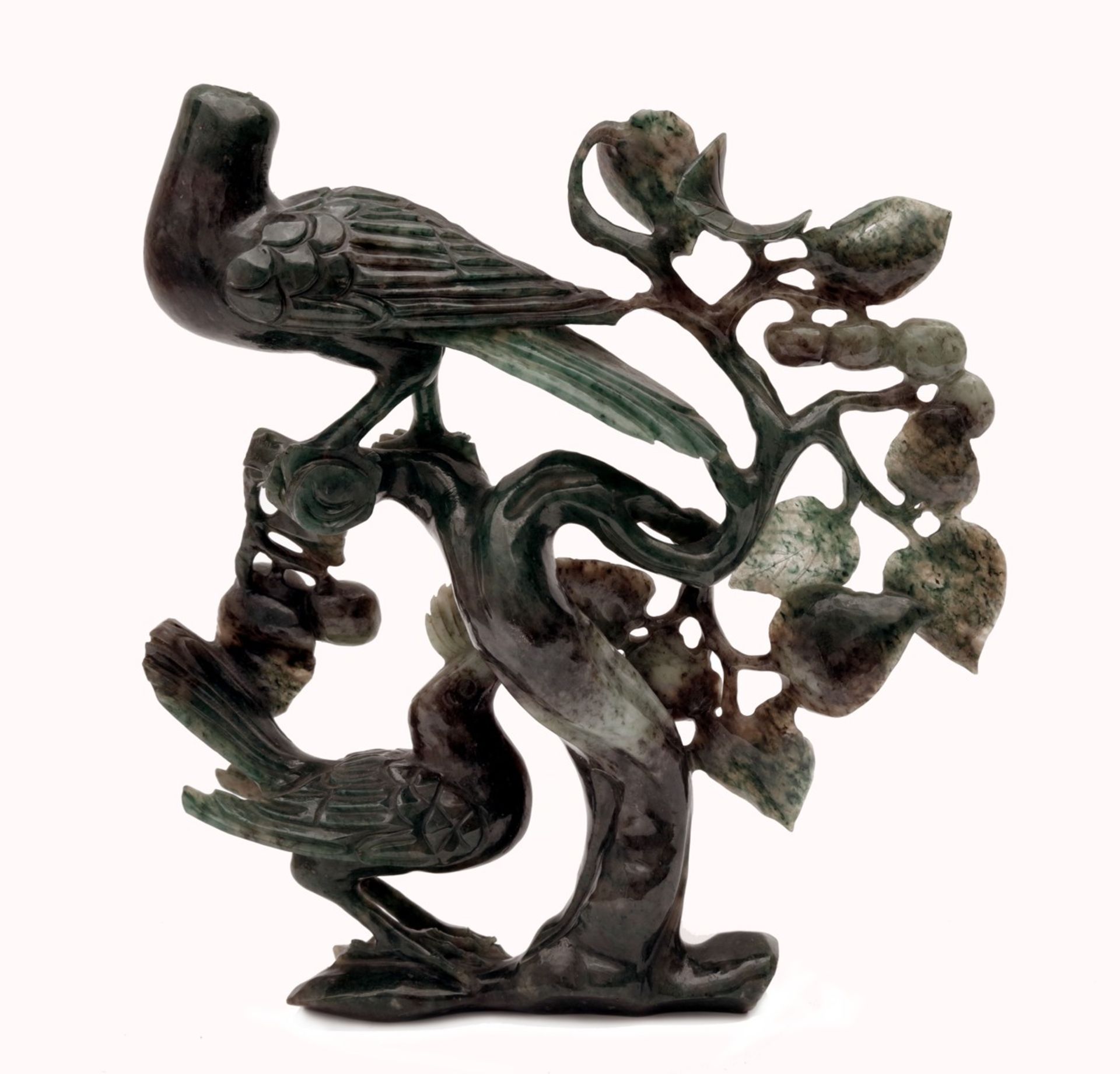 Carved Jade Statue Featuring Birds and Flowers - Image 2 of 2