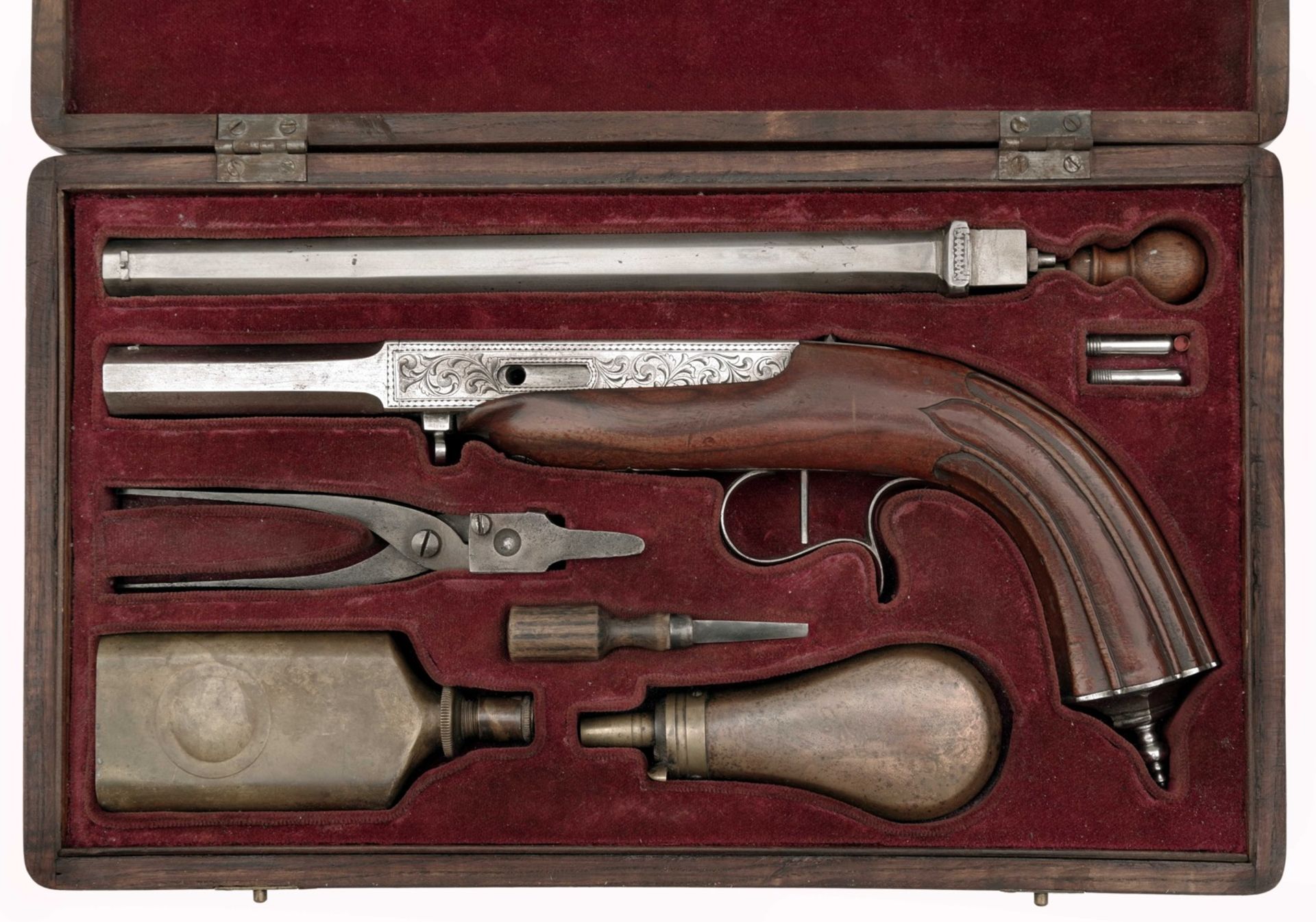 A Percussion Cased Parlor Pistol with Interchangeable Barrels