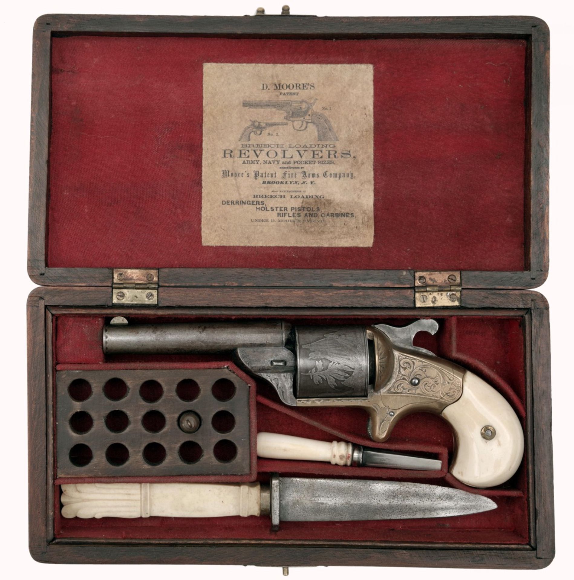 A Cased Moores Patent Firearms Co Teatfire Front Loading Revolver