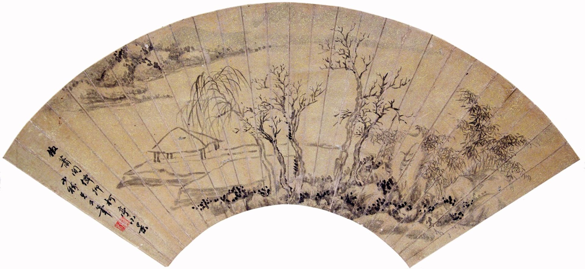 Fächerblatt mit Lanschaft mit Literaturlandschaft im Stil Ni Tsan