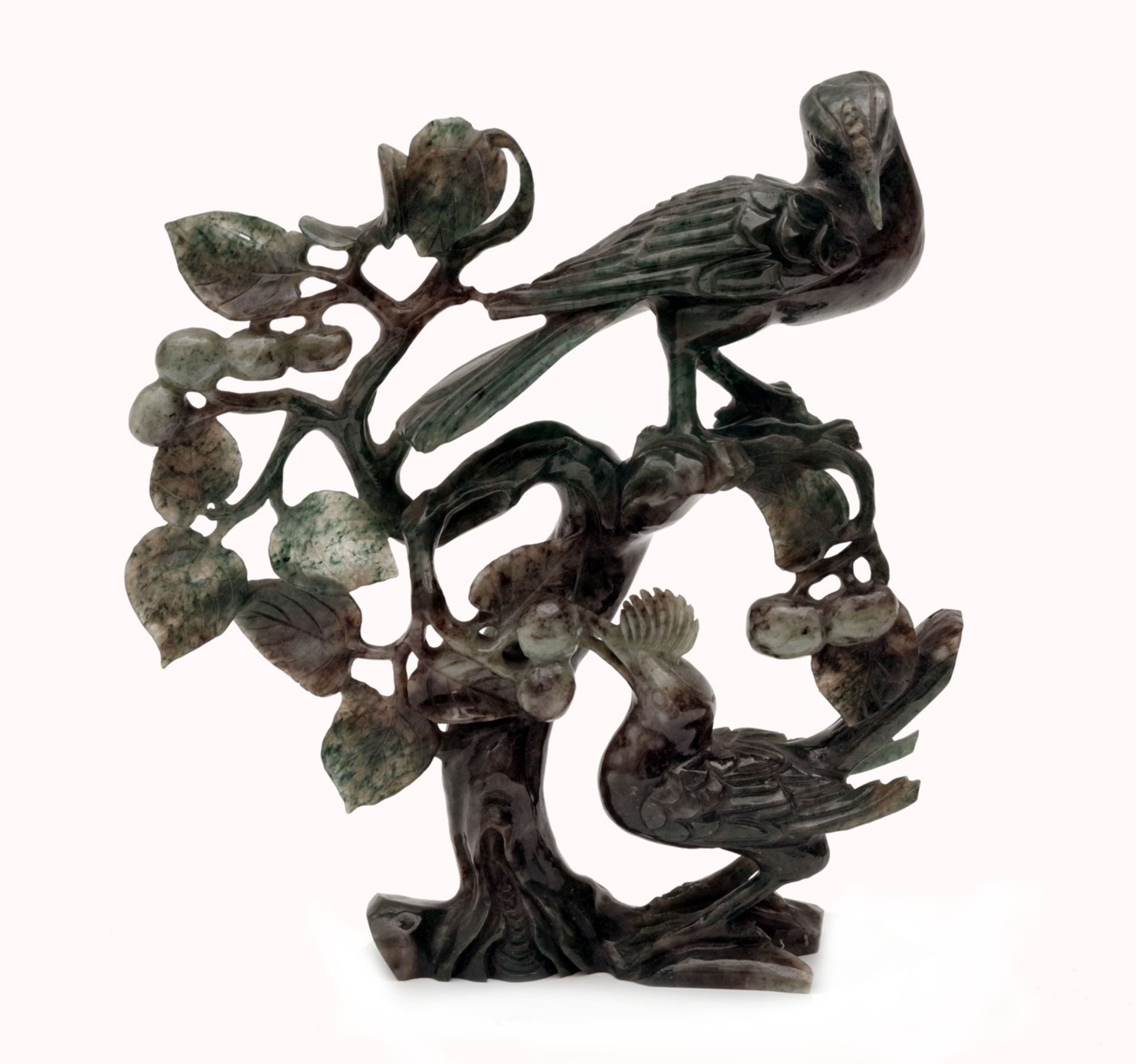 Carved Jade Statue Featuring Birds and Flowers