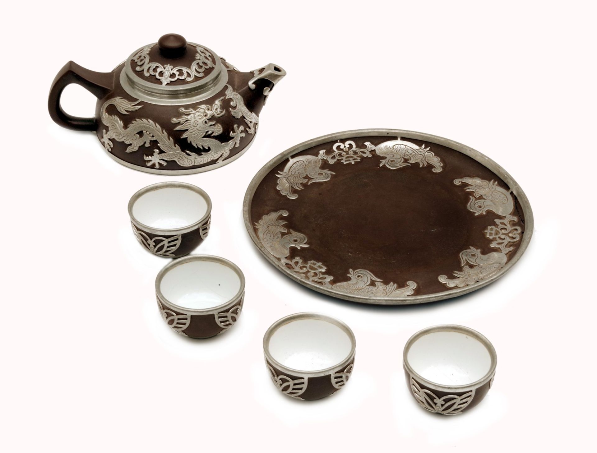 Chinese Pewter Yixing Pottery Tea Set - Image 2 of 4