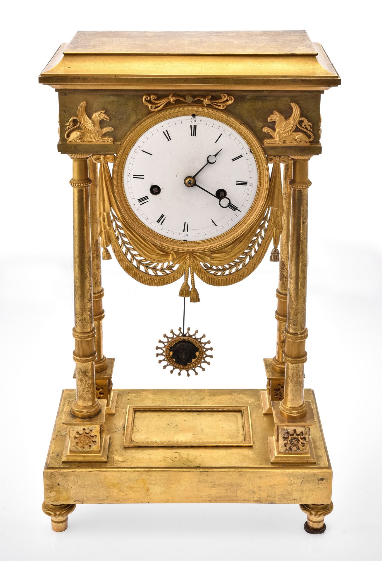 Portal clock, France circa 1820, bronze, fire gilded, decorated with griffin figures in front and o - Image 2 of 8