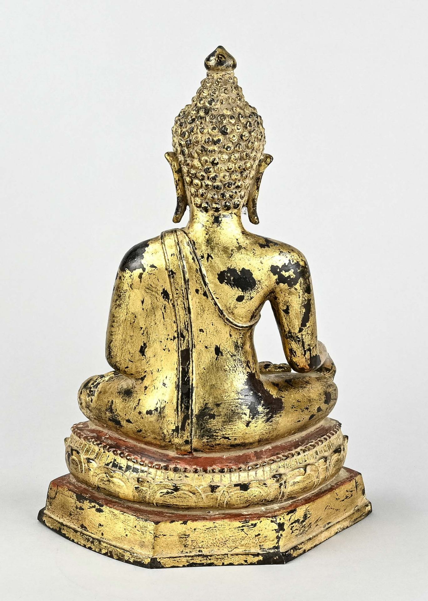 Buddha Shakyamuni, Tibet, 18th century, bronze heightened with gold, on double lotus base.  Slender - Image 3 of 4