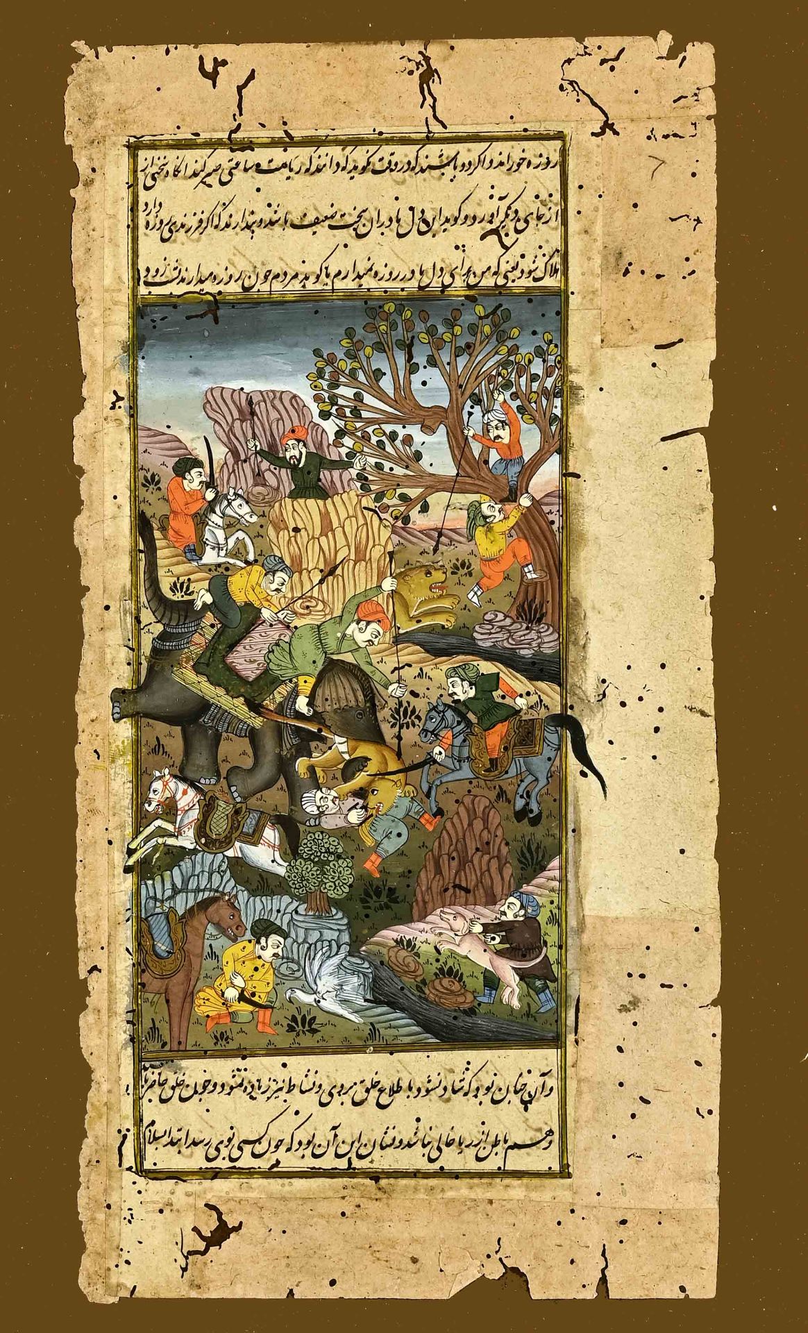 Persian miniature painting, 16./18. Century, "On the hunt", gouache, miniatures framed by poems, 2n