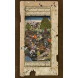 Persische Miniaturmalerei , 16./18. Jh., "Auf der Jagd", Gouache, Miniaturen eingerahmt von Gedicht