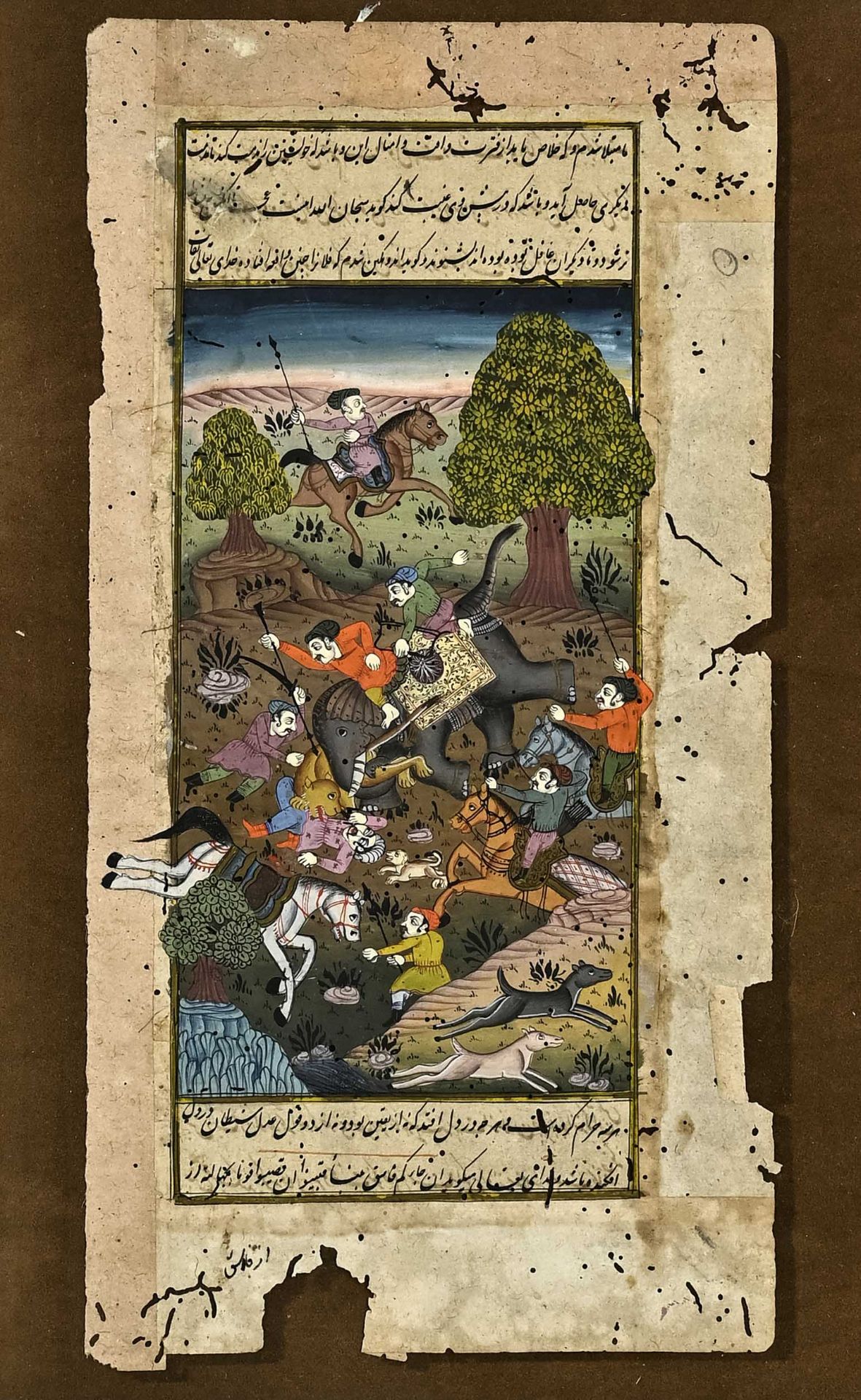 Persian miniature painting, 16th/18th century, "On the Hunt", gouache, miniatures framed by poems, 