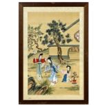 Chinesisches Blatt, China um 1920, "Spielende Kinder im Garten", Mischtechnik auf Seide, 52 x 33,5