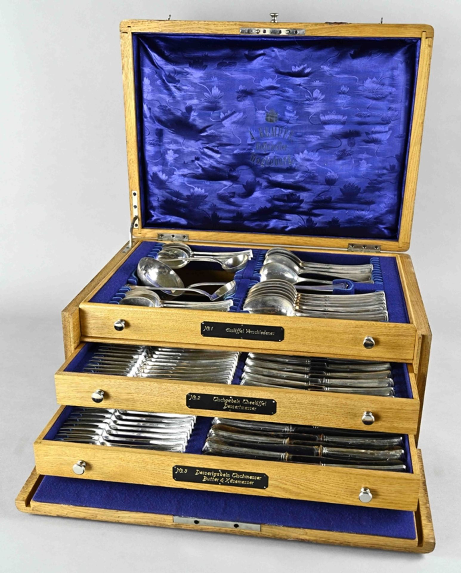 Extensive cutlery set, Magdeburg, Germany around 1900, in wooden case, Fa brothers Köberlin, silver