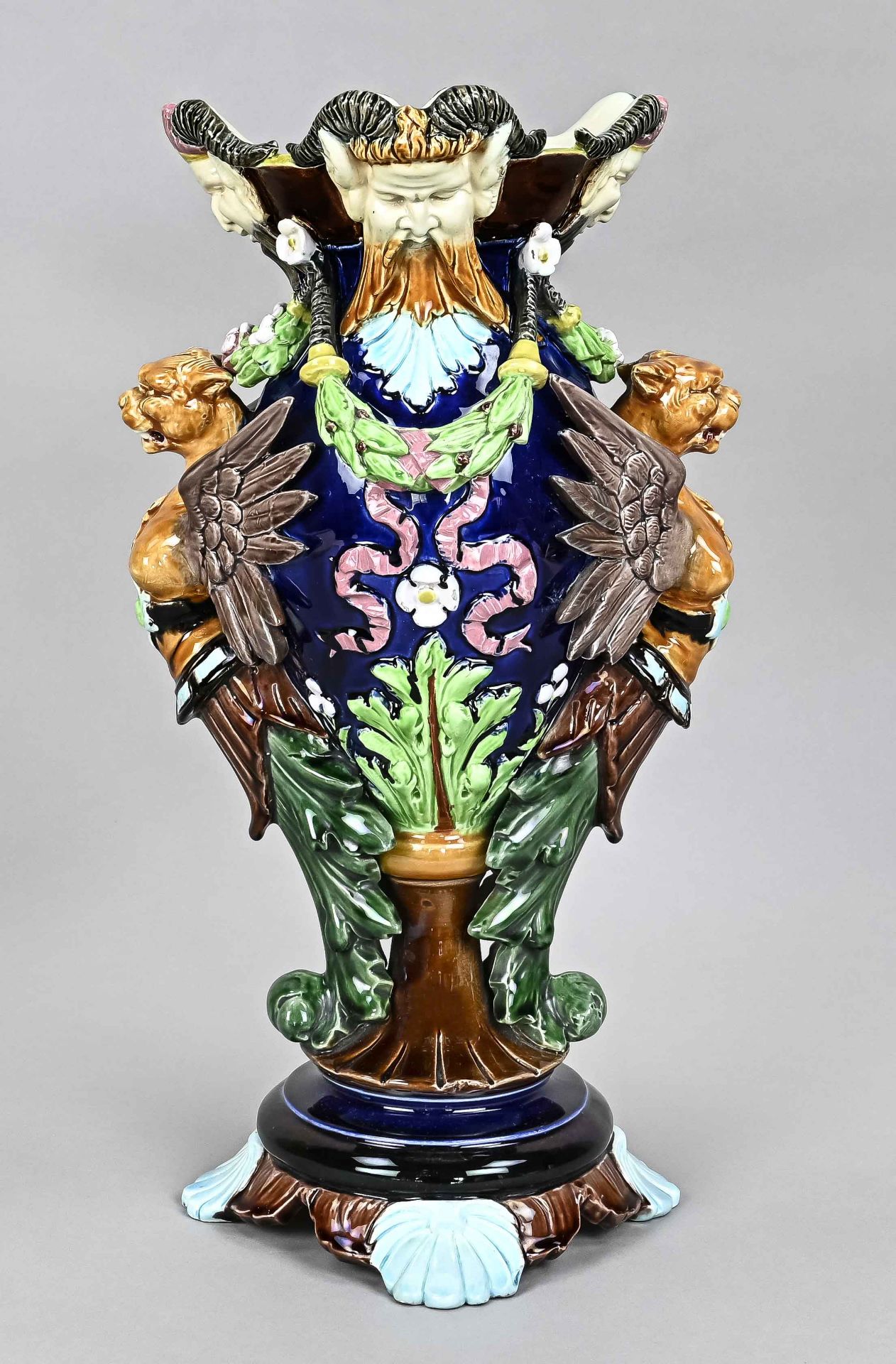 Large magnificent majolica vase, Italy, 19th century, on the bottom a press mark, press no. 1520, m