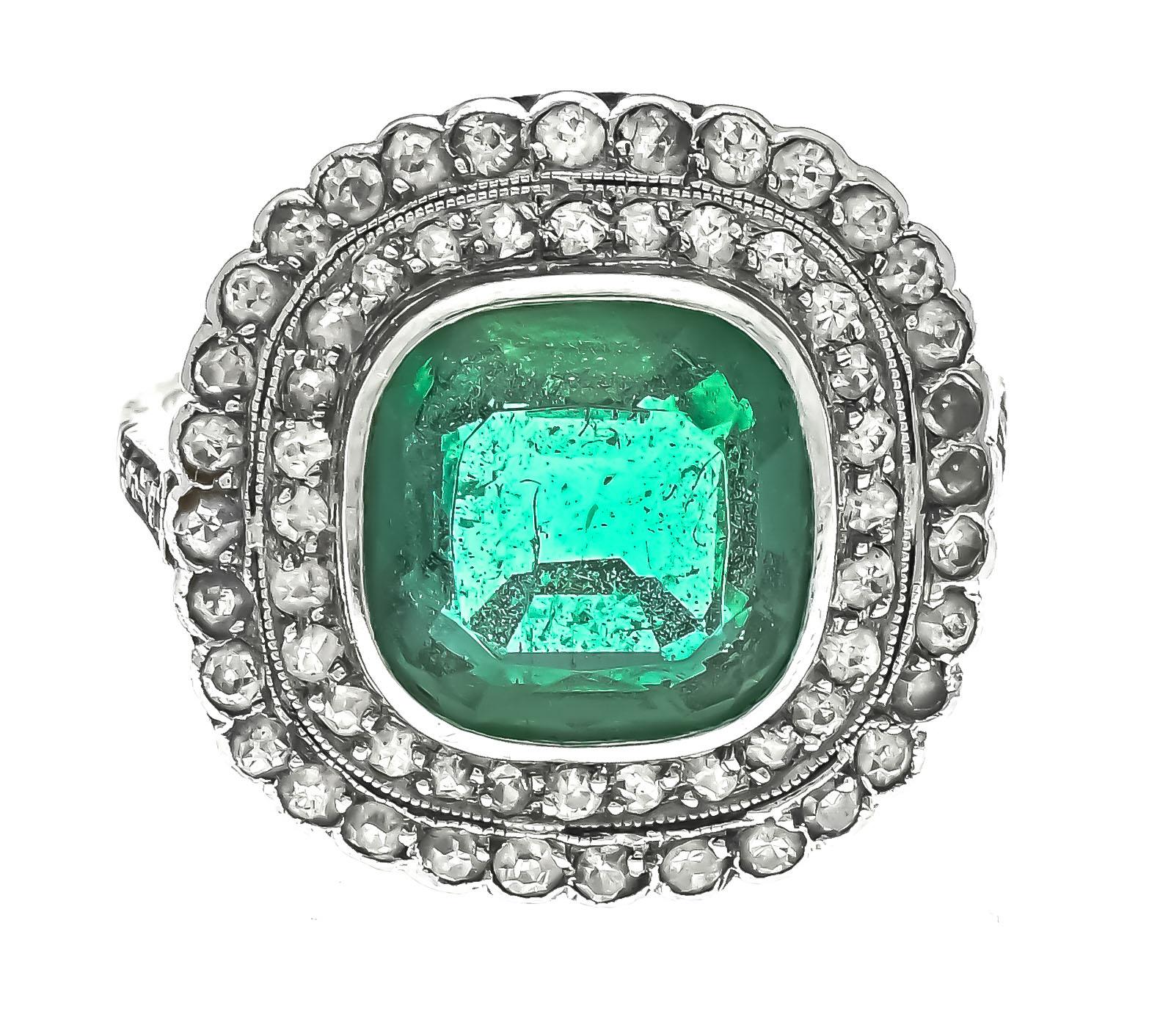 Damen Smaragd Ring um 1930, Platin, besetzt mit 50 Diamanten im Altschliff, in der Mitte 1 Smaragd, - Bild 2 aus 3