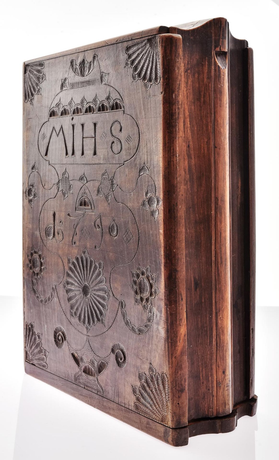 Volume - Book case, probably Swiss, dated 1790. With monogram 'MIH S'. Cherry wood. Front cover orn - Image 2 of 9