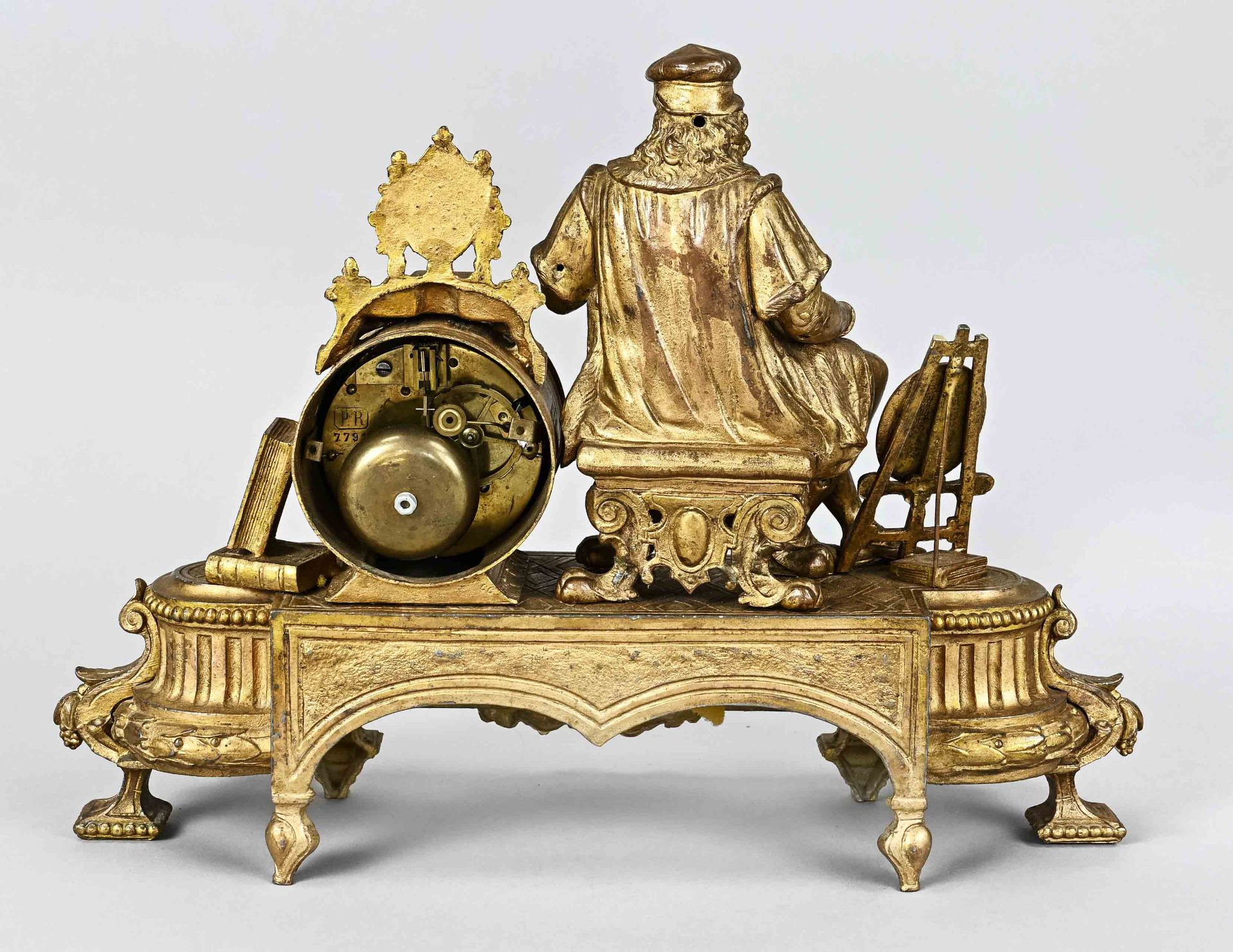 Figural mantel clock, France around 1870, zinc cast bronze, with porcelain plaques, figural crownin - Image 4 of 4