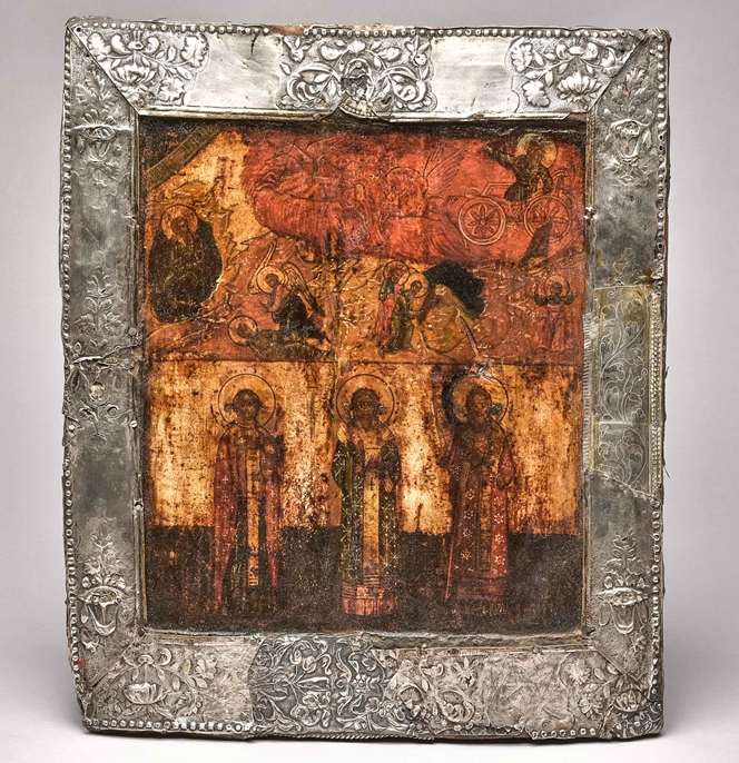 Icon, Russia, 16th/17th century, "God the Father in the Heavenly Carriage and 3 Saints", wood, egg 