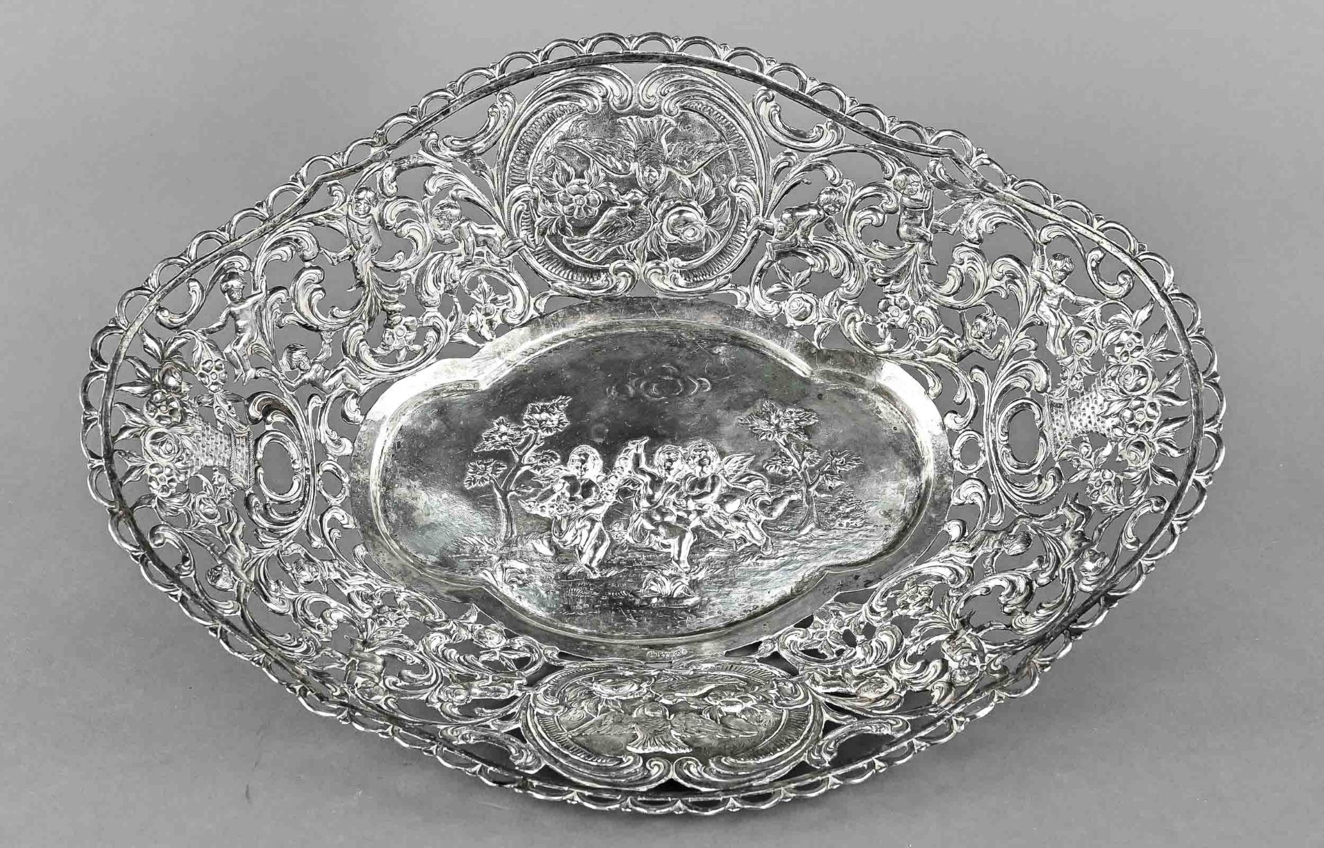 Large silver fruit bowl, Germany circa 1900, silver 800 hallmarked, mirror plastically decorated wi
