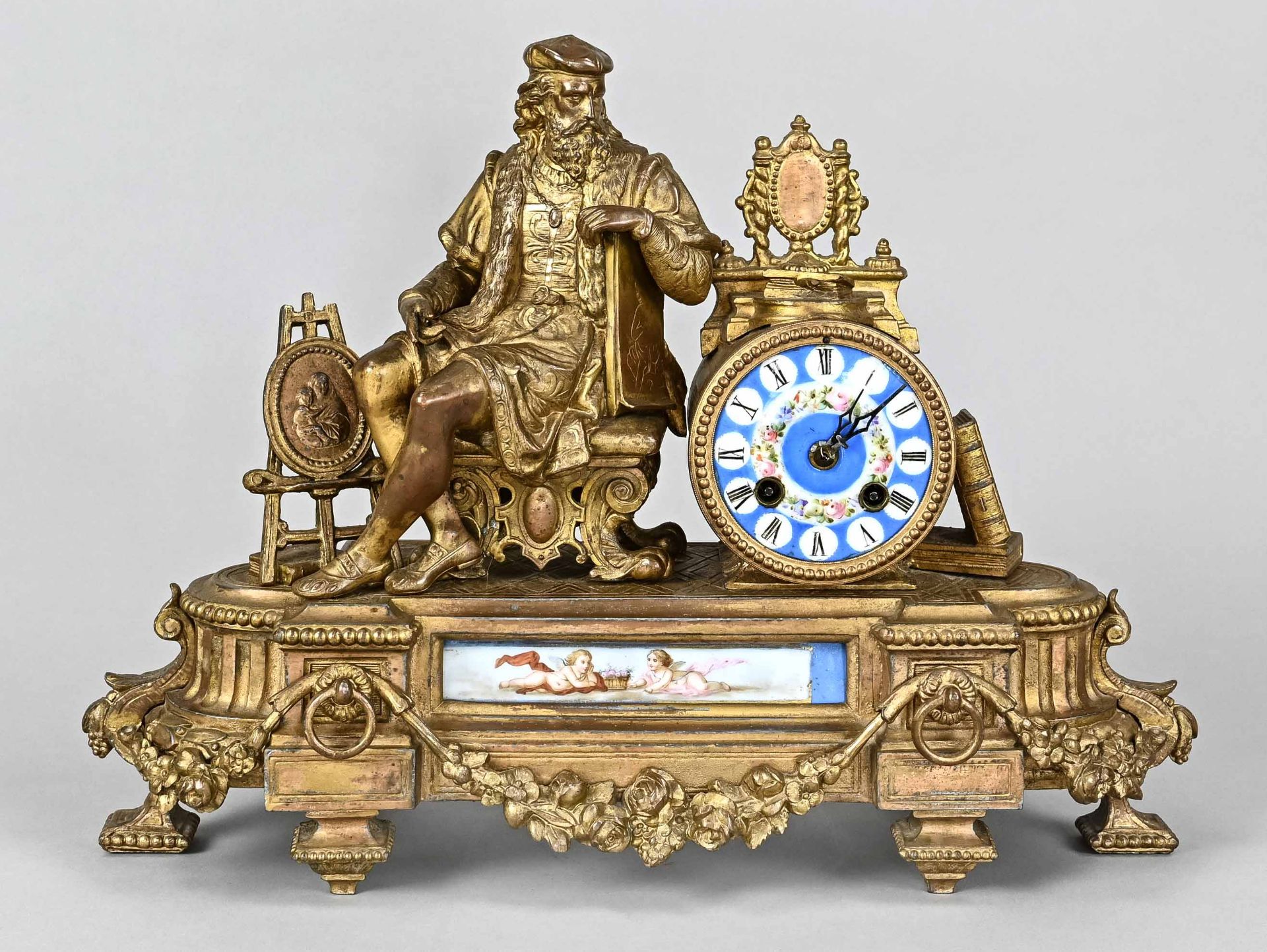 Figural mantel clock, France around 1870, zinc cast bronze, with porcelain plaques, figural crownin