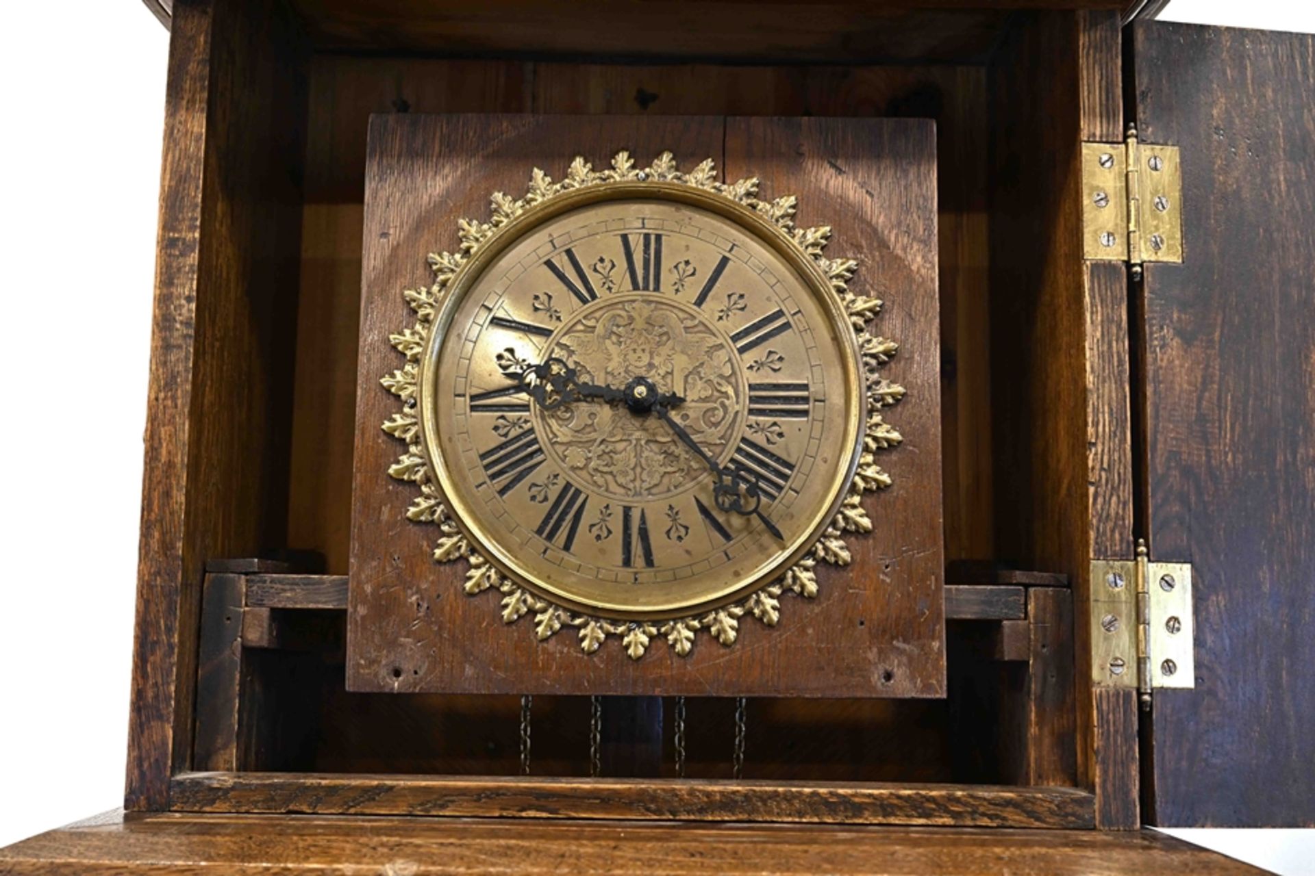 Grand grandfather clock from the Wilhelminian period around 1880/90, solid oak and veneered. Impres - Image 10 of 10