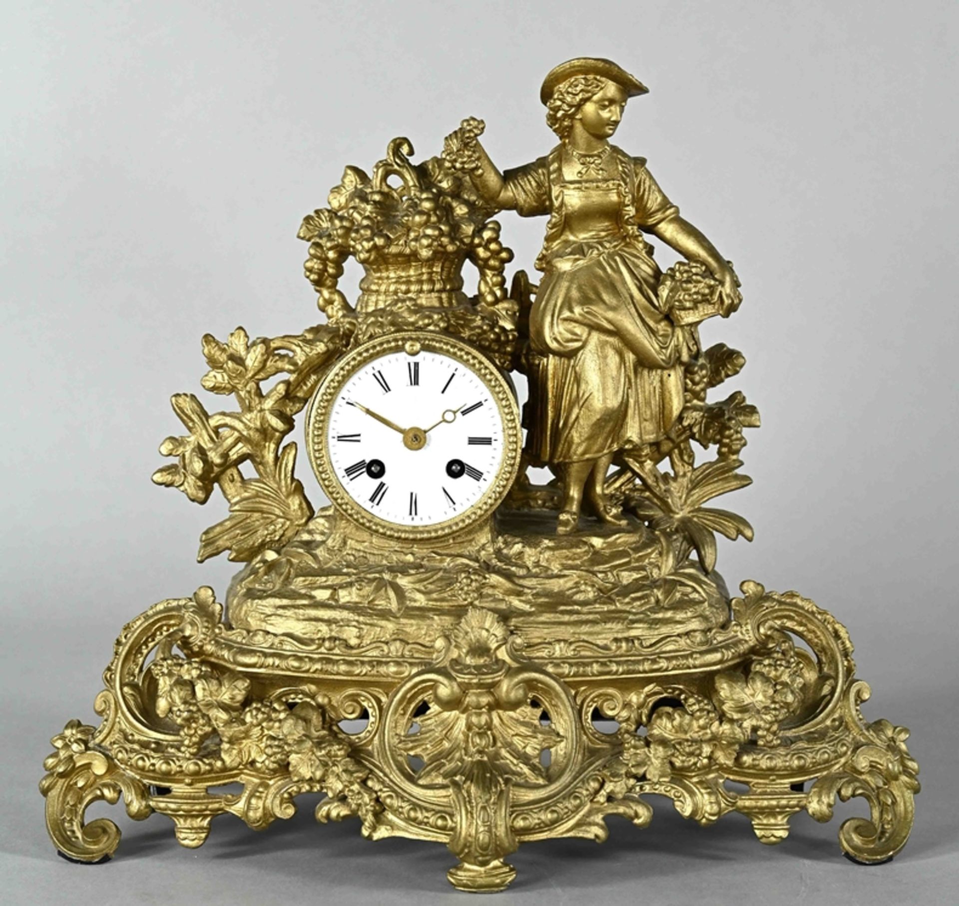 Figural table clock, German circa 1880, representation of the wine queen, bronzed pewter casting, h - Image 2 of 2