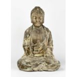 Buddhafigur, Thailand, 19. Jh., Holz geschnitzt, teilweise alte Farbfassung, Höhe 57 x 38 cm, besch