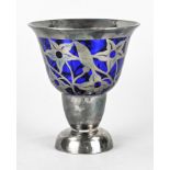Glasvase in Silber gefasst, blaues Glas, bauchiger Form, Höhe 14,5 cm, Dm 13 cm, spahr 1000-10 gema