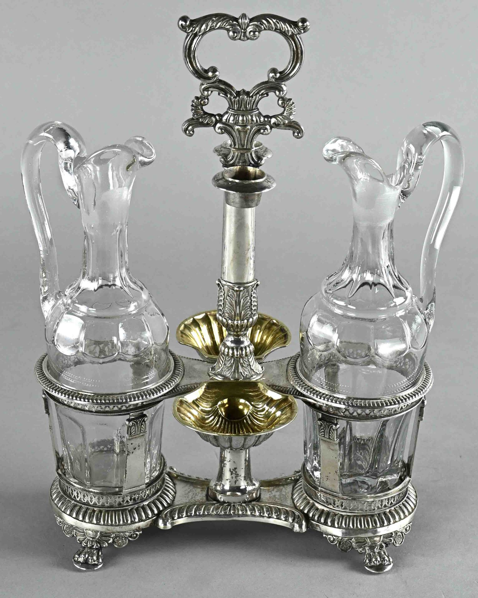 Vinegar and oil cruet, spice cruet, Germany 1840, silver, Kellnbach, standing on paw feet, salt and