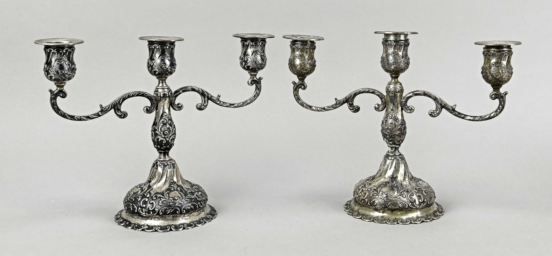 Pair of candlesticks, silver 800, 3-lights each, roccaille, grommets added later, all hallmarked wi - Image 2 of 3