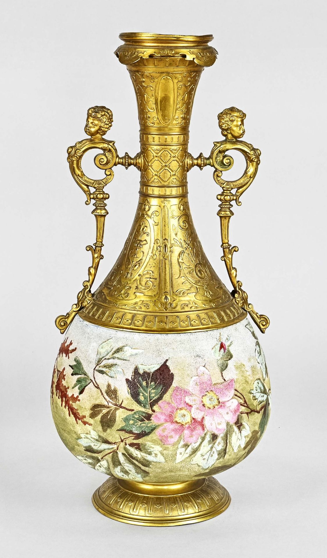 Mehlem, Franz Anton (1838 - 1931), large very decorative vase, stoneware with brass, painted, insid